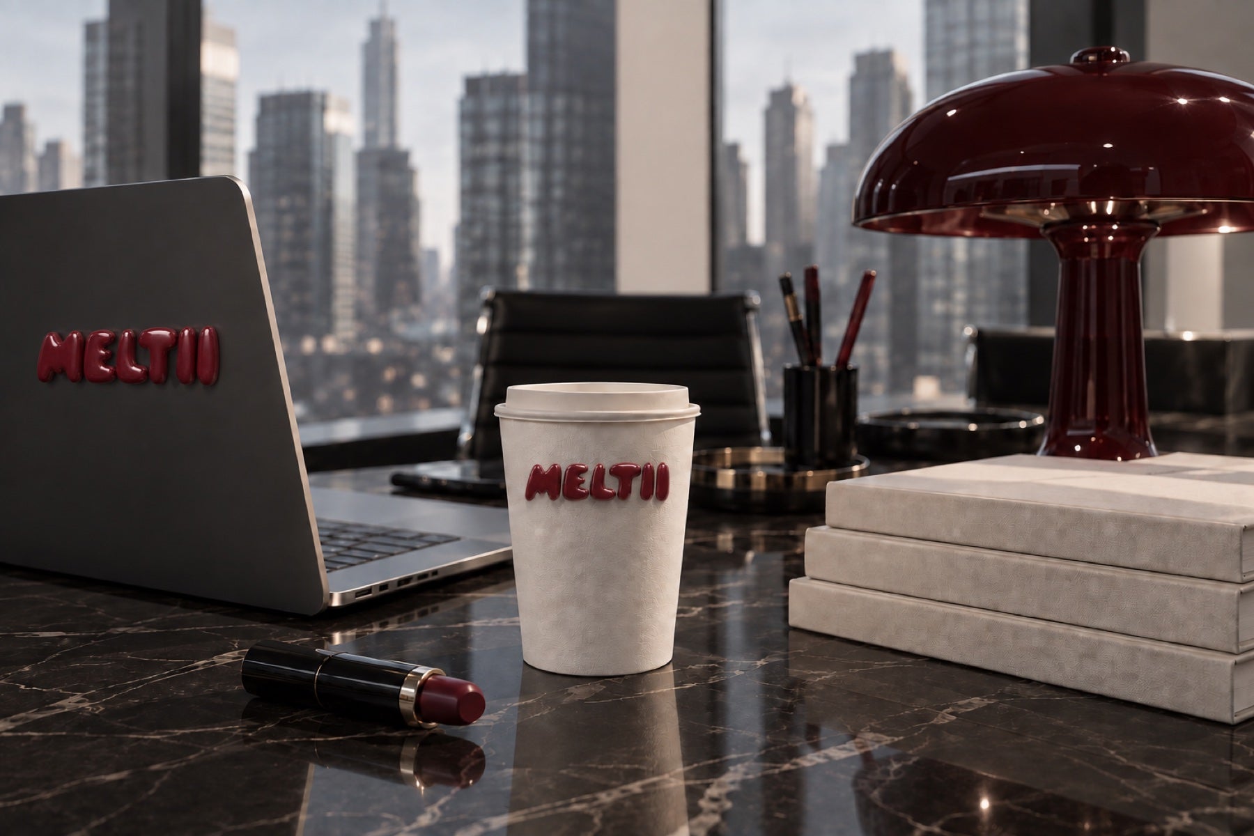 A Meltii coffee cup and laptop on a dark marble desk.
